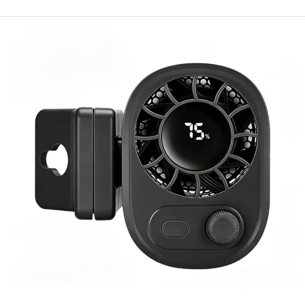 Black clip-on car fan with digital battery display