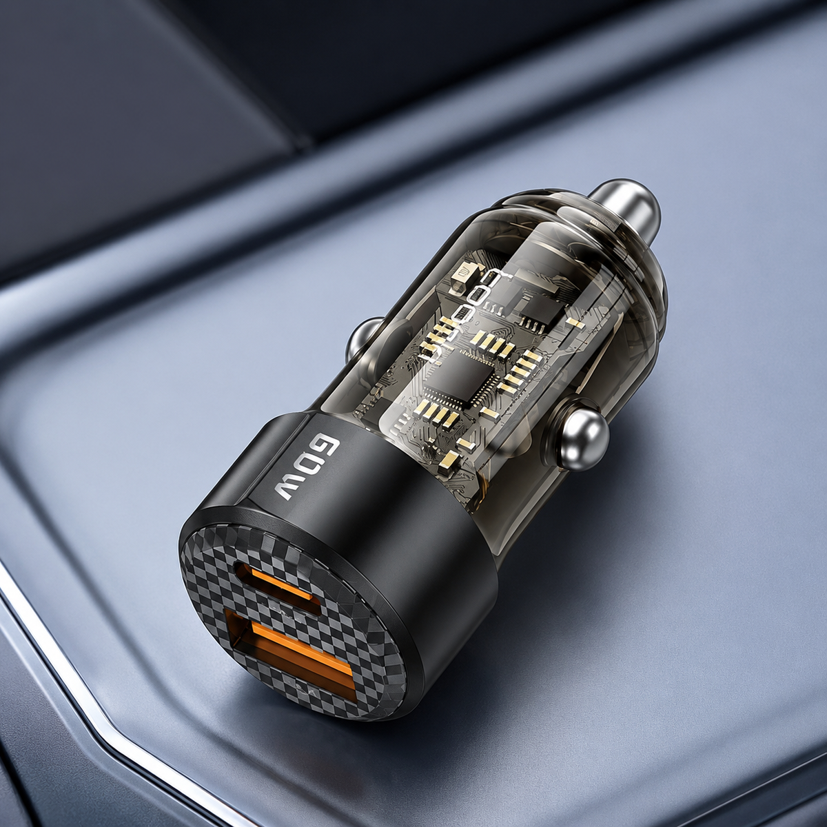 Compact transparent 60W USB-C and USB-A car charger