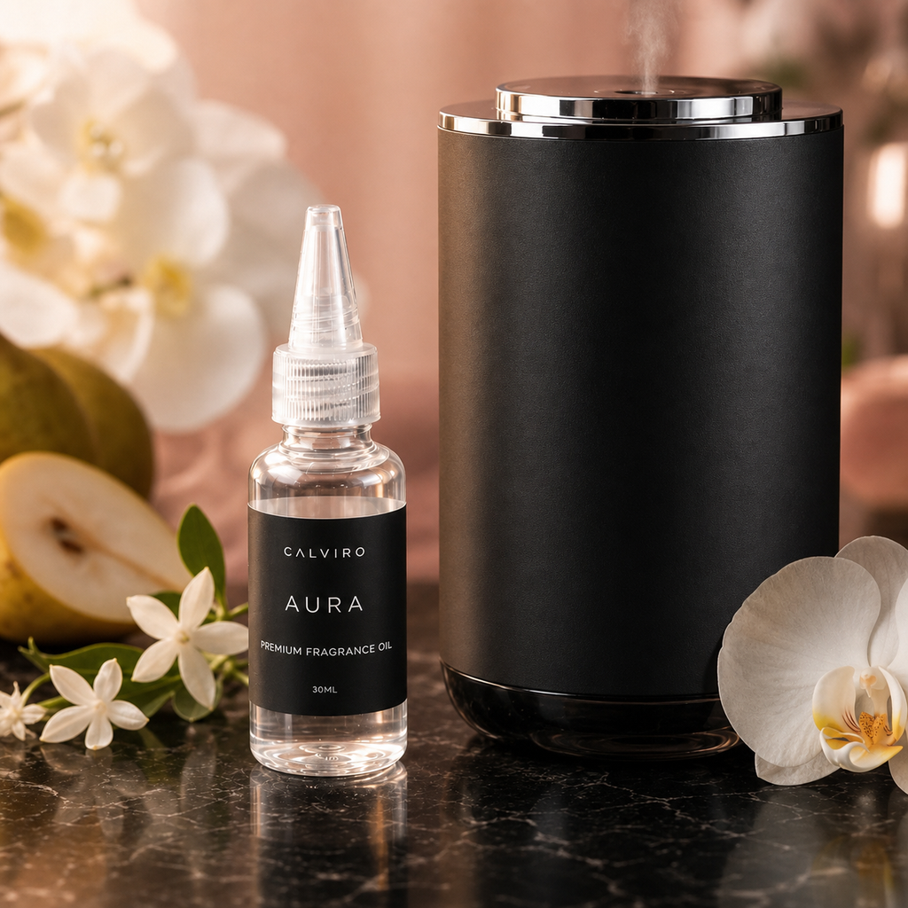 CALVIRO Aura 30ml fragrance refill with pear and white orchid beside CALVIRO diffuser