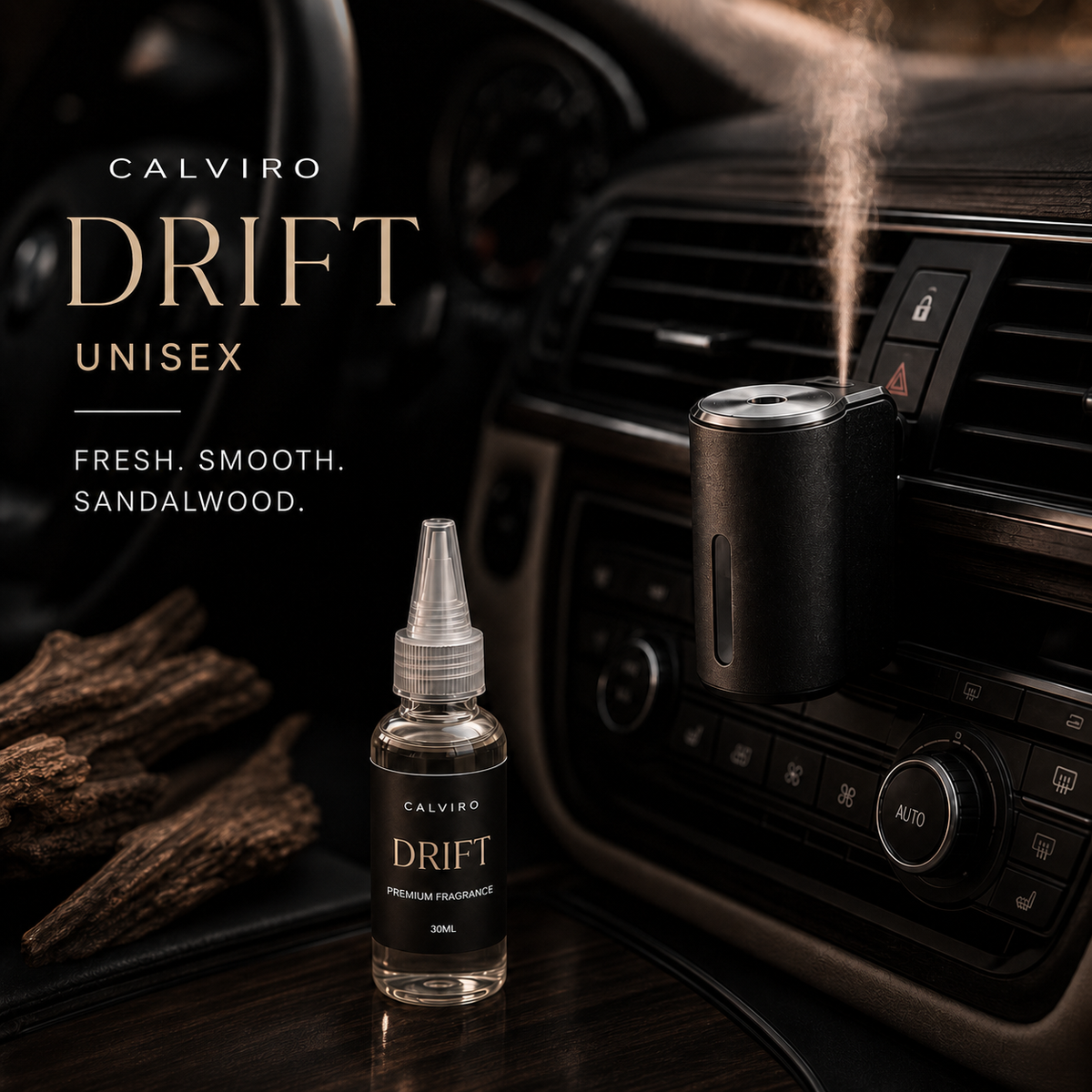 CALVIRO Drift 30ml unisex fresh sandalwood fragrance refill in a luxury car