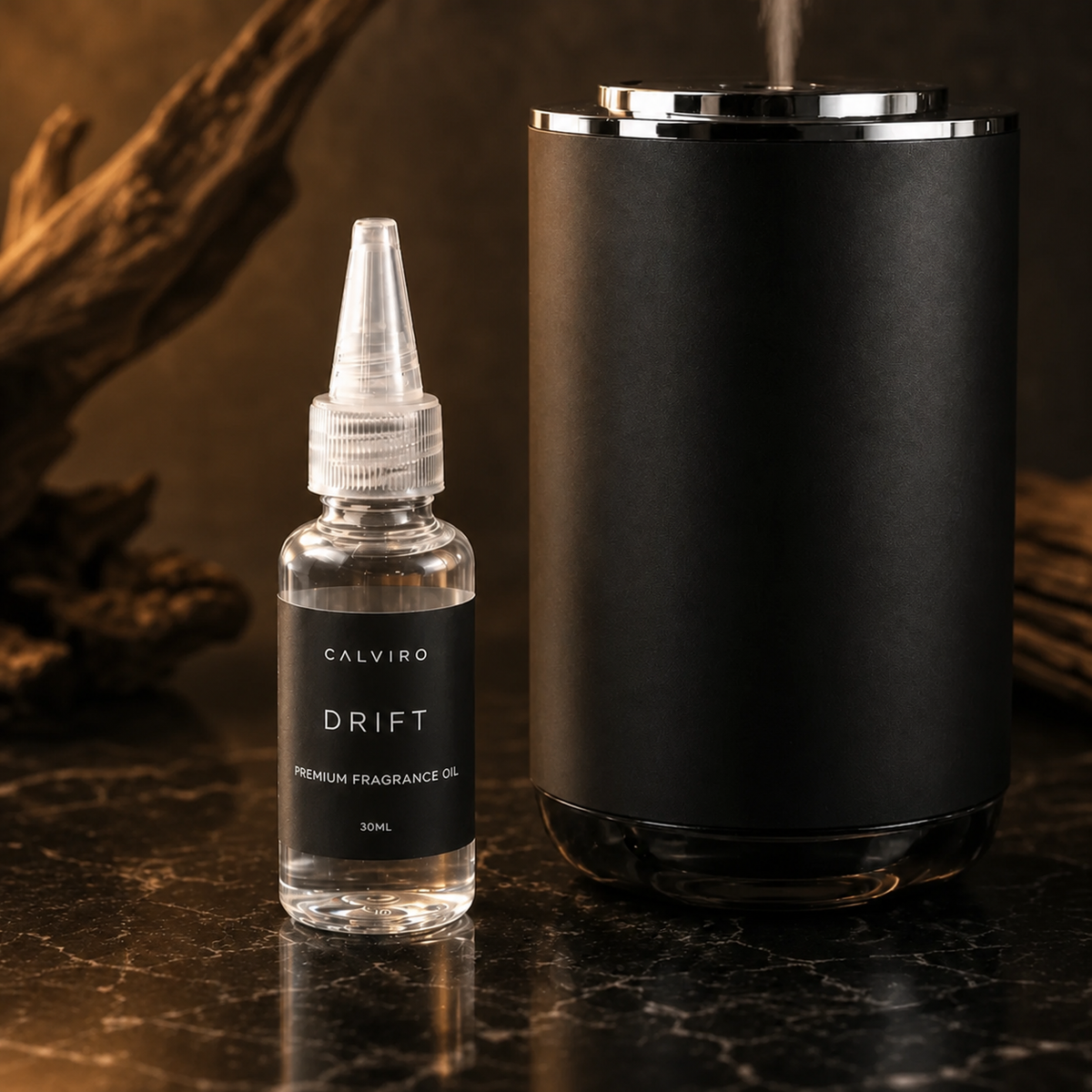 CALVIRO Drift 30ml fresh sandalwood fragrance refill beside CALVIRO diffuser