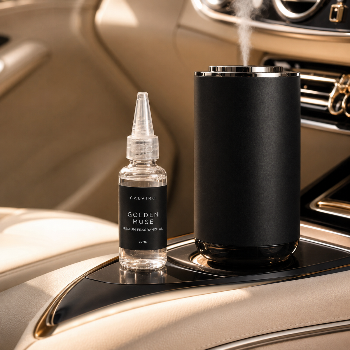 CALVIRO Golden Muse 30ml warm vanilla amber fragrance refill in a luxury car