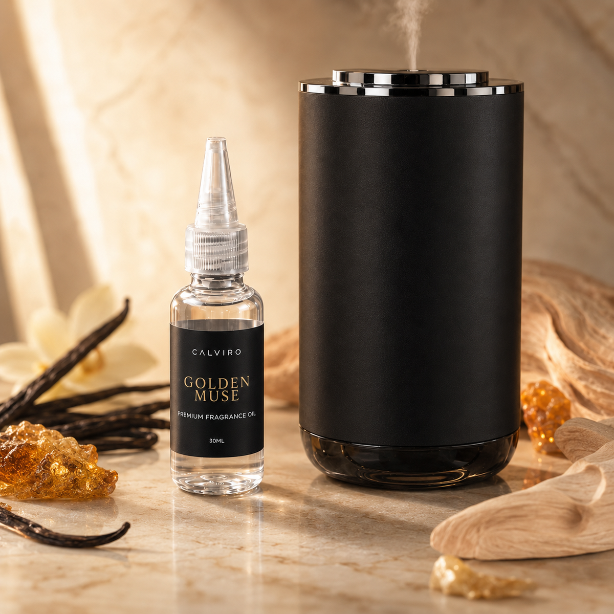 CALVIRO Golden Muse 30ml fragrance refill with CALVIRO Atmosphere diffuser