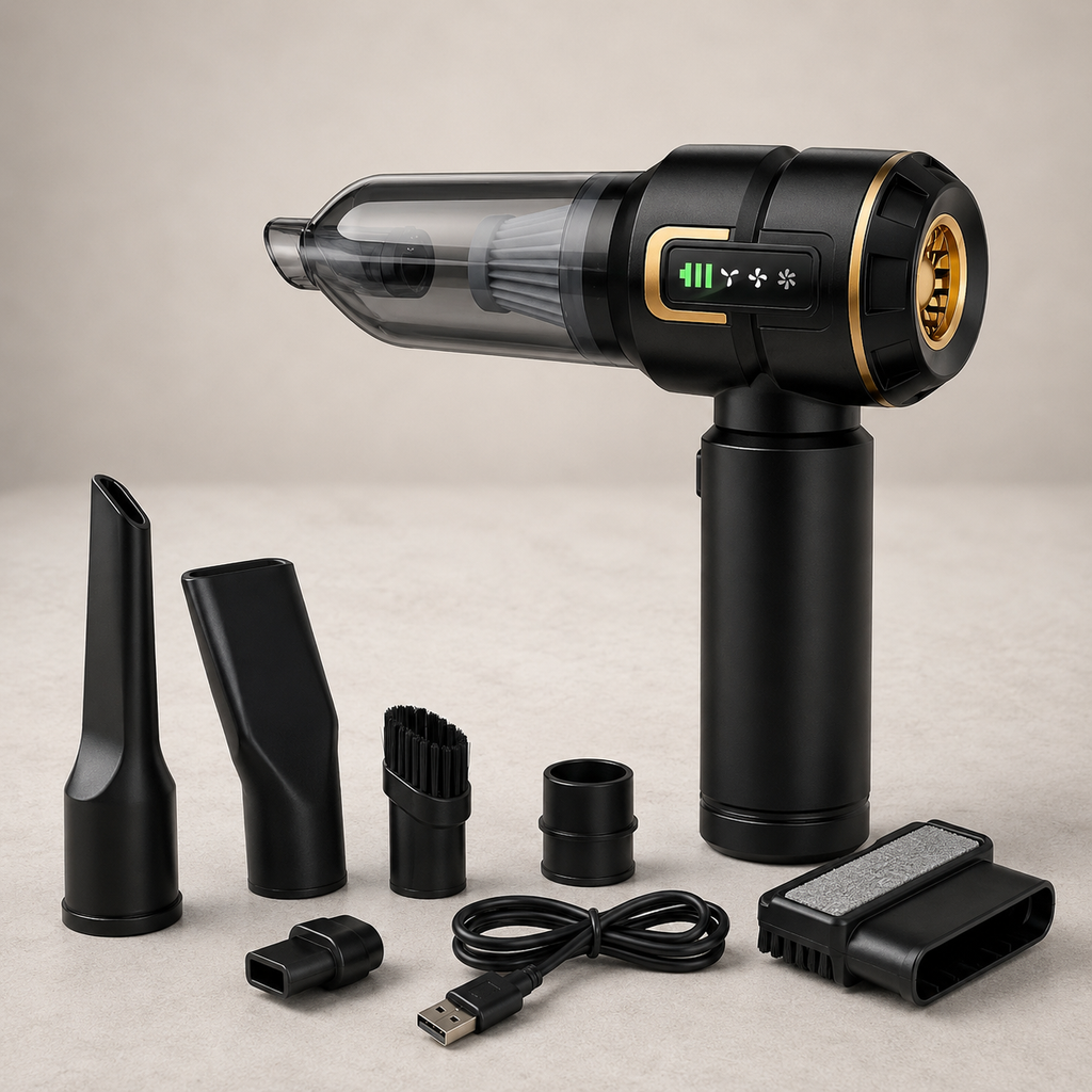 Premium black and gold cordless car vacuum with suction and blower attachments