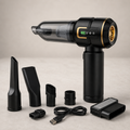 Premium black and gold cordless car vacuum with suction and blower attachments
