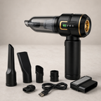 Premium black and gold cordless car vacuum with suction and blower attachments