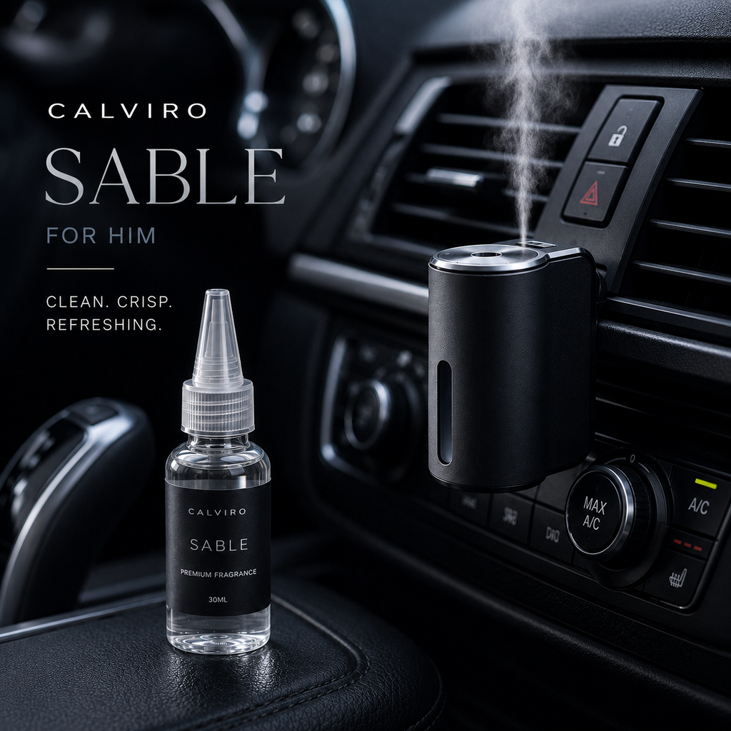 CALVIRO Sable 30ml fresh fragrance refill in a luxury car