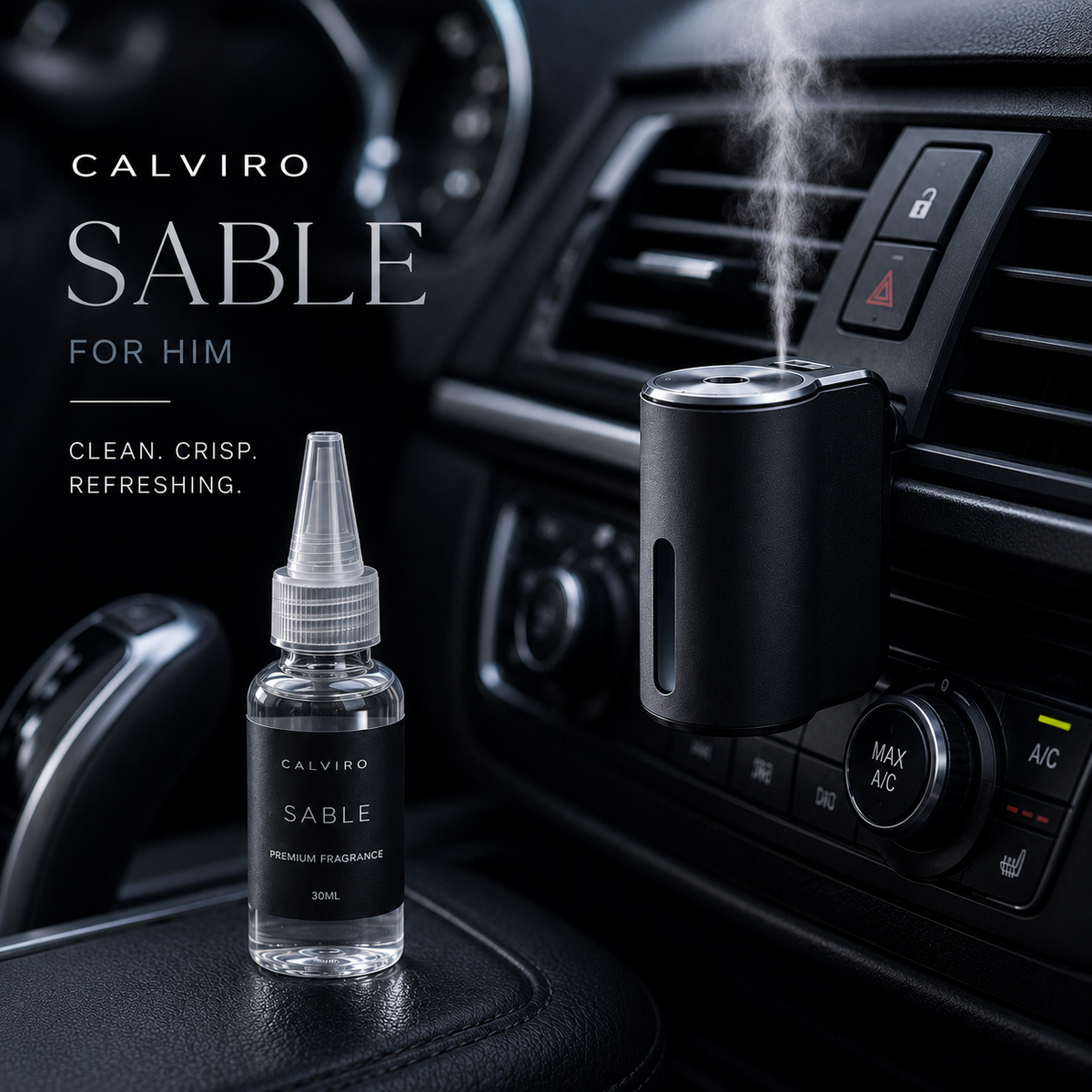 CALVIRO Sable 30ml fresh fragrance refill in a luxury car