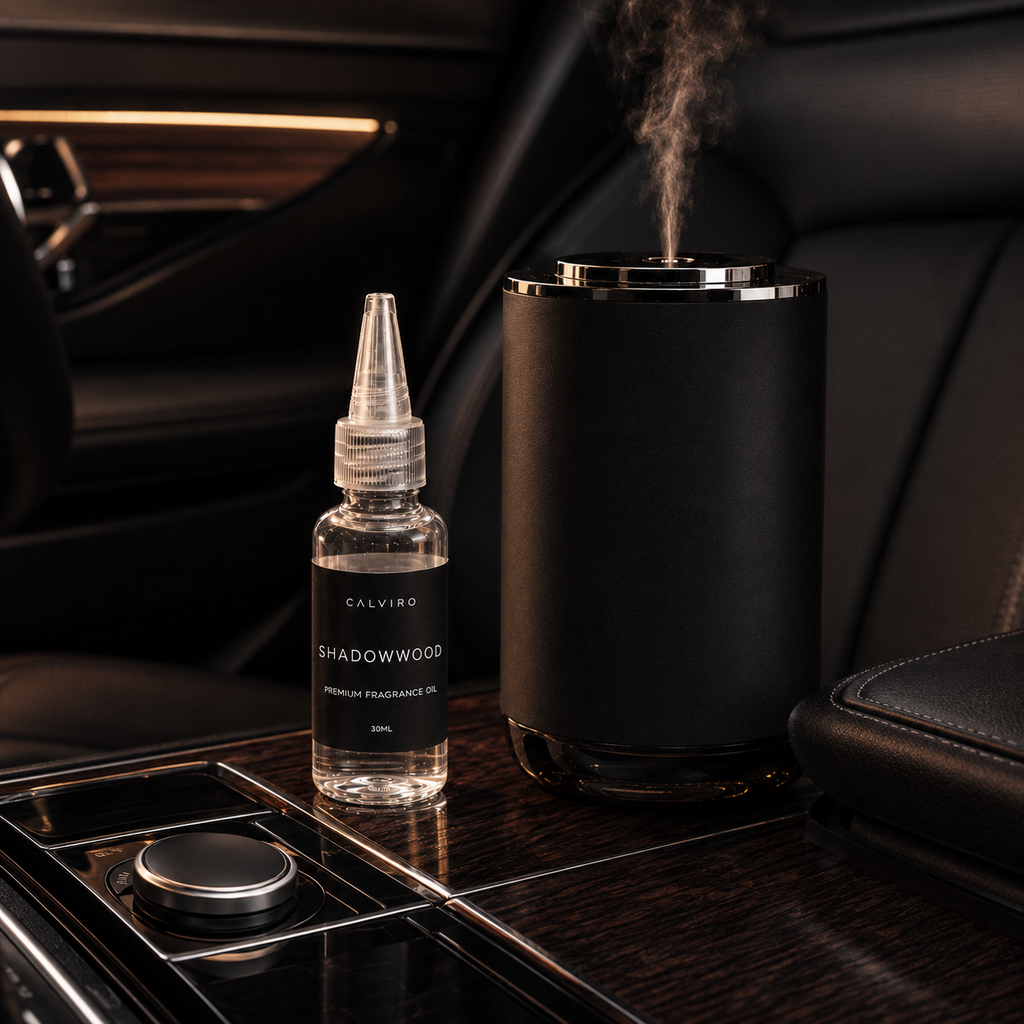CALVIRO Shadowwood 30ml woody oud fragrance refill in a luxury car