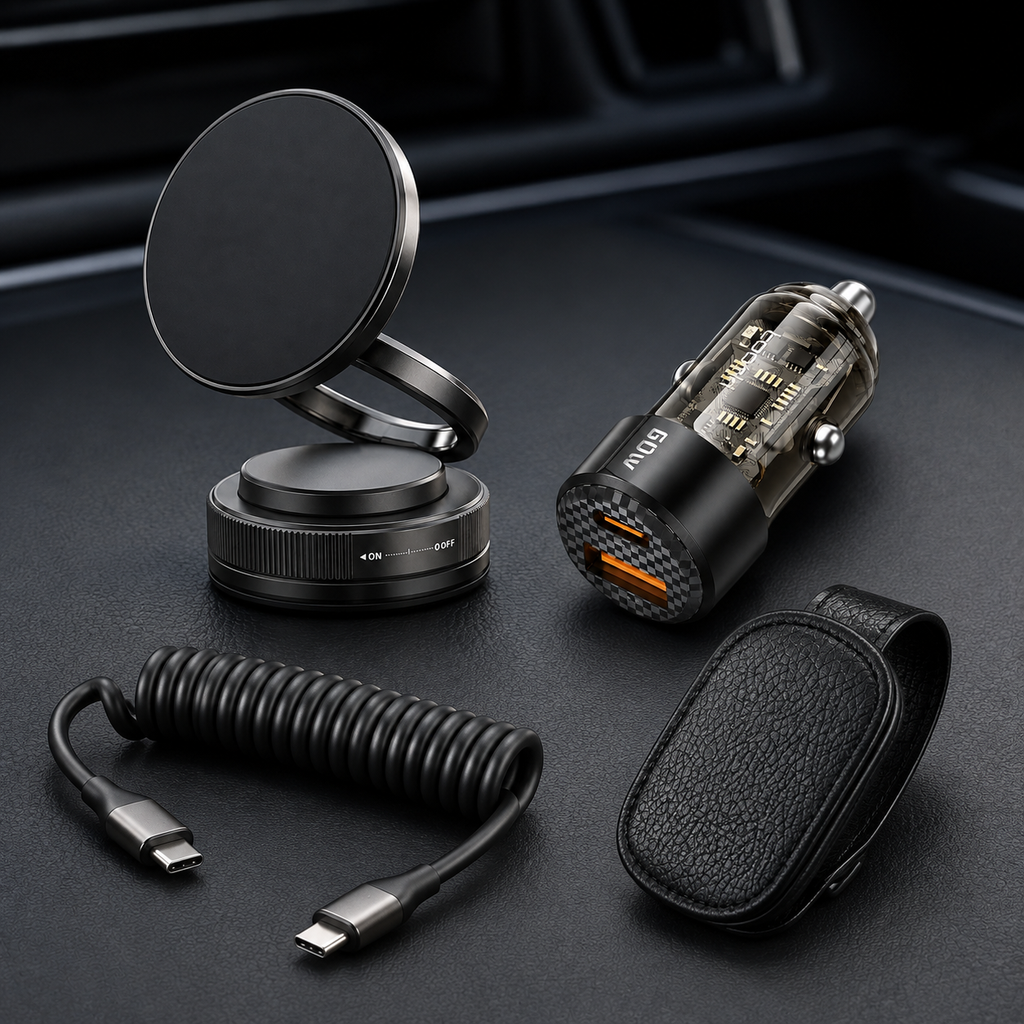 Four-piece car accessories bundle with phone holder charger cable and visor clip