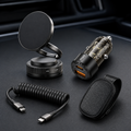 Four-piece car accessories bundle with phone holder charger cable and visor clip