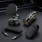 Four-piece car accessories bundle with phone holder charger cable and visor clip