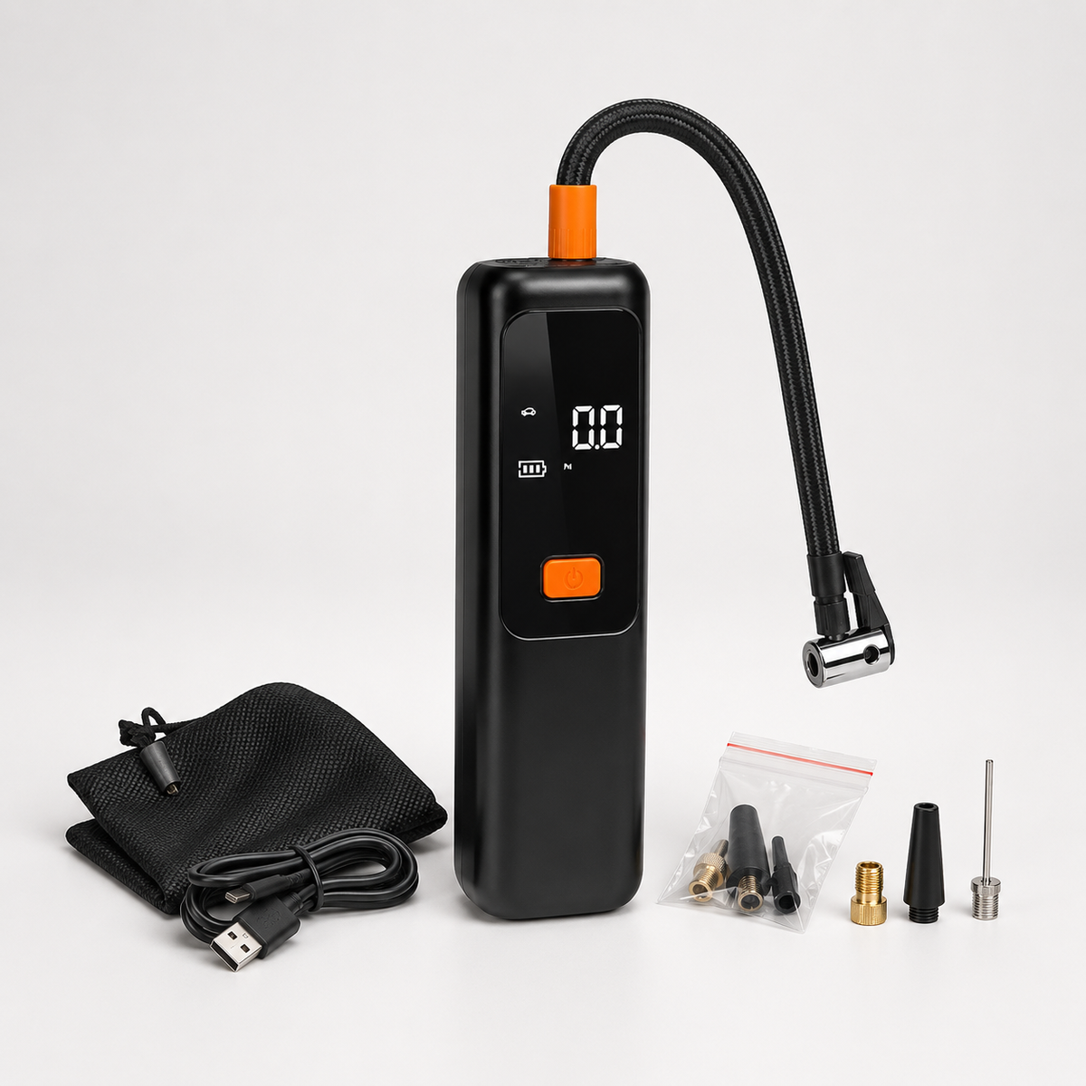 Cordless digital tyre inflator with hose and accessories