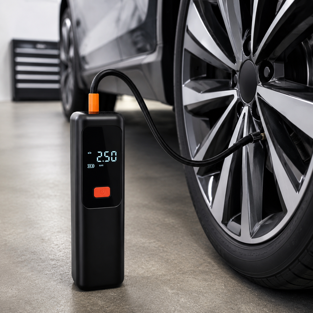 Cordless digital tyre inflator connected to a car tyre