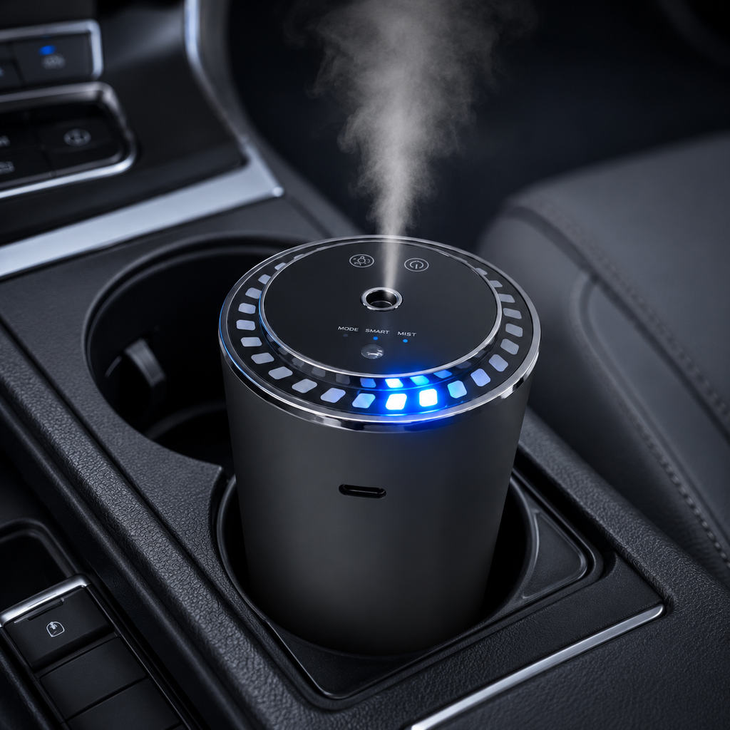 Car diffuser emitting fragrance into a car's cup holder.